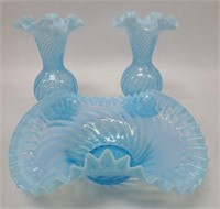 3 Vintage Fenton Blue Swirl Glass Pieces