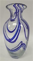 10" Hand Blown Clear & Colbalt Glass Vase