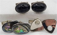 3 Pairs Sterling Silver Cufflinks Onyx & Abalone