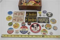 COLLECTION PINBACK BUTTONS & SMALL LICENSE PLATES