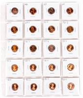 Coin Sheet of 20 Lincoln Penny Proof Coins, BU
