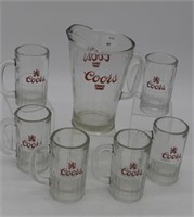 COORS BEER GLASS PITCHER W/6 MUGS