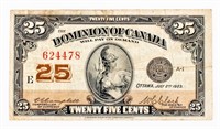 Coin 1923 Twenty-Five cent Canada Bill, Good