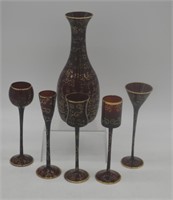 DECANTER & GOBLETS W/INTRICATE PATTERN