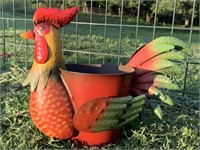 Painted Metal Rooster Planter Pot - Wings Moves