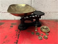 Cast iron weighing scales with brass dish and