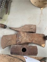 2 axe heads, sledge hammerhead, pickaroon head