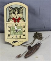 S: ANTIQUE GERMAN MADE CAT CLOCK W/ WEIGHTS &