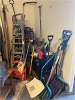 Corner Lot of Tools, Shovels, Ladder, Snow Blower