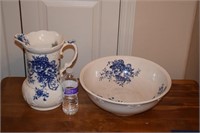 Blue and White Pitcher and Bowl set