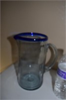 blue rimed glass pitcher & matching glasses