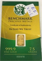 7.5 Grains or 1/2 Gram Pure 24k Gold Mini Bar