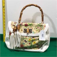 New White & Floral Design Purse with Bamboo
