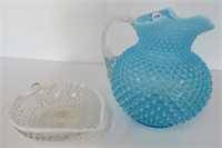 Opalescent Hobnail Glass Pitcher & Opalescent Bon