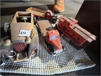 WOODEN TOY CAR AND HO TRAIN CAR