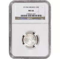 1919 M Mexico Silver 20 Centavos NGC MS66