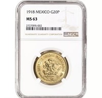 1918 Mexico Gold 20 Pesos NGC MS63
