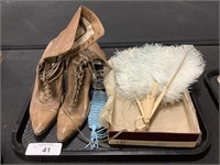 Antique Lace-Up Boots, Feather Fan, Beaded Purse.