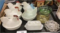 5 Hen On Nests, Glass Bowls, Butter Dish.