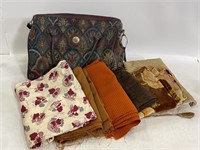 Carpet purse & assorted fabric sewing pieces
