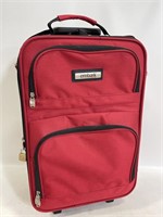 Small red Embark carry on rolling suitcase
