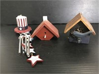 Tiny wood bird houses and patriotic windchime