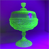 LARGE URANIUM VASELINE GLASS COMPOTE LIDDED