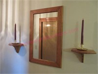 Oak entry mirror & brass candles & wall holders