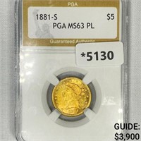 1881-S $5 Gold Half Eagle PGA-MS63 PL