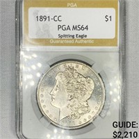 1891-CC Morgan Silver Dollar PGA-MS64 Spitting