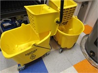 4 Yellow Mop Buckets, Mop Broom, ect. No Cleaning