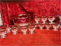 Indiana glass ruby banded punch bowl set.
