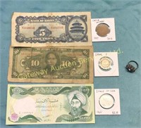 Vintage paper money,coins and a ring