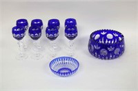 TEN PIECES OF COBALT CUT TO CLEAR GLASS