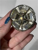 Vintage Metal Flower Pin Brooch Aurora Borealis
