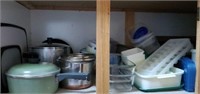 Contents of shelf 
Pots, bread pans, ice trays,
