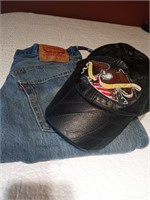 Levis 32x34 and Leather Cap