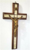 Vtg French Mother Of Pearl & Wood Crucifix 14"