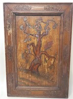 Vtg Carved Distressed Wood Panel Tree/Butterflies