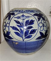 Vintage Asian Blue Pottery Bowl 7"x8"