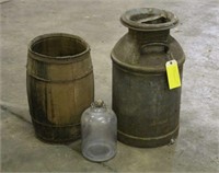 Vintage Milk Can, Barrel & Glass Jug