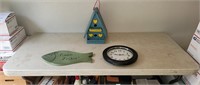 Wood Painted Birdhouse, Fishing Sign & Clock
