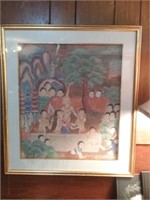 Framed Asian silk art with many children