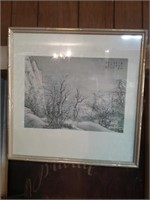 Framed Asian art winter scene