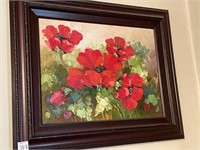 SIGNED OIL CANVAS PAINTING-RED FLOWERS