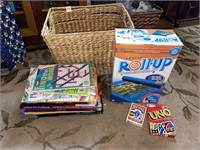 WICKER BASKET OF CARD GAMES/WORD SEARCHES/PUZZLE