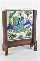 Antique Medieval Tile  in Wood Stand