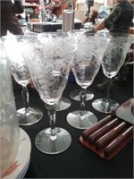 Set of six nice Etched glass wine stems