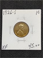 1926-S Lincoln Wheat Cent Penny Coin marked XF