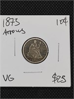 1873 Seated Liberty Silver Dime Coin with arrows